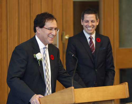 Councillor Marty Morantz for Charleswood-Tuxedo with Mayor Brian Bowman at  his swearing-in ceremony at the City Hall Friday. He could not attend Tuesday's inaugural meeting of council, where all other members were sworn in, due to the death of his father, Saul.   Bart Kives story WAYNE GLOWACKI / WINNIPEG FREE PRESS) Nov.7 2014