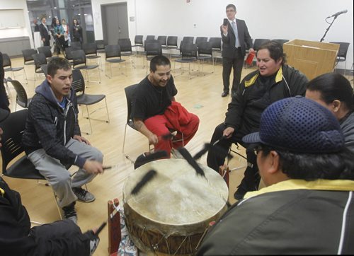 Members of the North Wolf Ojibway Drum Group perform in the Thomas Sill Community Multi-purpose room that was built with sound proofing and ventiation for smudge ceremonies, after a dedication ceremony was held Friday to officially open the University of Winnipeg's UNITED Health & RecPlex. The $40 million facility is the most comprehensive ever built in Winnipegs inner city, designed to meet the needs of three main groups: neighbourhood youth and residents; amateur sports organizations requiring rental space; and UWinnipeg students, Wesmen. It includes a  large multi-use artificial turf, 4 lane rubberized sprint track and jump pit, retractable batting cage and a community gym. See release WAYNE GLOWACKI / WINNIPEG FREE PRESS) Nov.7 2014
