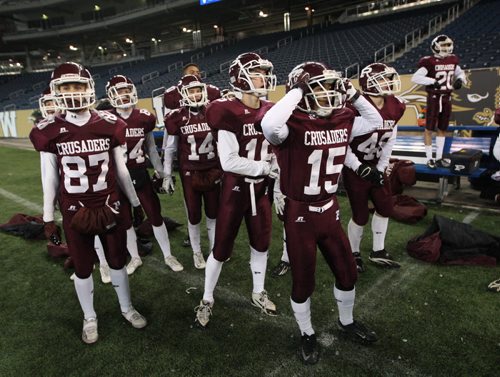 St Paul Crusaders reaction after missed field goal to give the championship to the Oak Park Raiders for the Manitoba High School at the Investors Group Field Friday night-See Ed