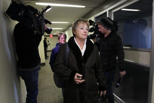 Darlene Dziewit (front) and Becky Barrett both senior NDP members,  leave meeting  Saturday morning at NDP head office.  See Larry Kusch story.  Nov 8,  2014 Ruth Bonneville / Winnipeg Free Press