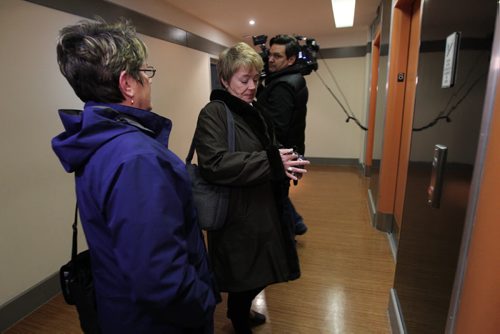 Darlene Dziewit (centre) and Becky Barrett both senior NDP members,  leave meeting  Saturday morning at NDP head office.  See Larry Kusch story.  Nov 8,  2014 Ruth Bonneville / Winnipeg Free Press