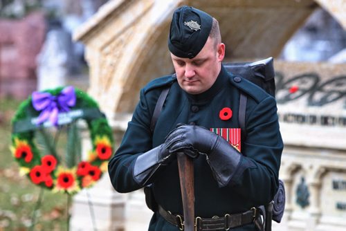Corporal Dan Stewart of the Royal Winnipeg Rifles stands guard as one of the four skirmishers at the Regimental Memorial on the grounds of St. John's Cathedral on the 131st birthday of the formation of the 90th ÄúWinnipegÄù Battalion of Rifles.  141109 November 09, 2014 Mike Deal / Winnipeg Free Press