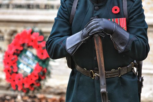 Corporal Dan Stewart of the Royal Winnipeg Rifles stands guard as one of the four skirmishers at the Regimental Memorial on the grounds of St. John's Cathedral on the 131st birthday of the formation of the 90th ÄúWinnipegÄù Battalion of Rifles.  141109 November 09, 2014 Mike Deal / Winnipeg Free Press