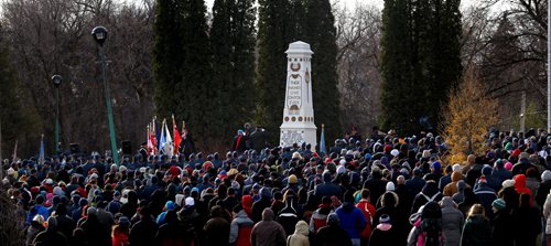 Hundreds gathered (Veterans and citizens) at the Bruce Park Cenotaph Tuesday morning for the annual Remembrance Day service. See story. November 11, 2014 - (Phil Hossack / Winnipeg Free Press)