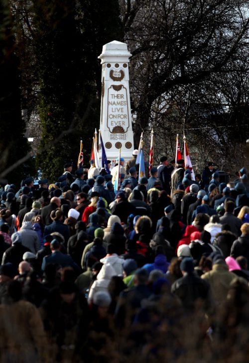 Hundreds gathered (Veterans and citizens) at the Bruce Park Cenotaph Tuesday morning for the annual Remembrance Day service. See story. November 11, 2014 - (Phil Hossack / Winnipeg Free Press)