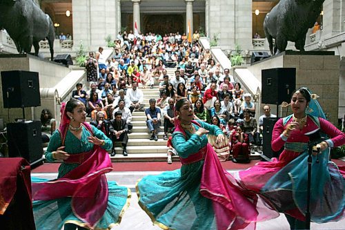BORIS MINKEVICH / WINNIPEG FREE PRESS  070819 Dancers perform for the crowd at the Legislature where celebrations were held for the India community. CITY DESK HAS PRESS RELEASE.
