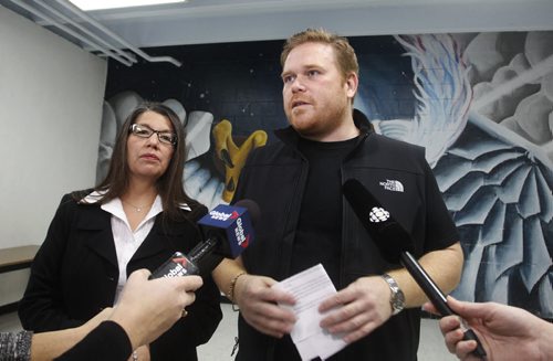 Will Hudson, Lodge Manager at Southeast Collegiate and Sheryl McCorrister, Principal and Director at Southeast Collegiate give a comment to the media regarding their student Rinelle Harper who was assaulted. Adam Wazny story WAYNE GLOWACKI / WINNIPEG FREE PRESS) Nov.13 2014