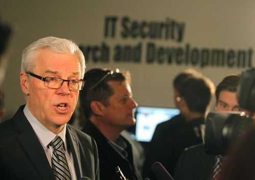 Premier Greg Selinger at the lab talks to the media. Expansion of Sisler's cyber security academy, giving more students access to some of the most advanced learning opportunities in Canada. BORIS MINKEVICH / WINNIPEG FREE PRESS November 13, 2014