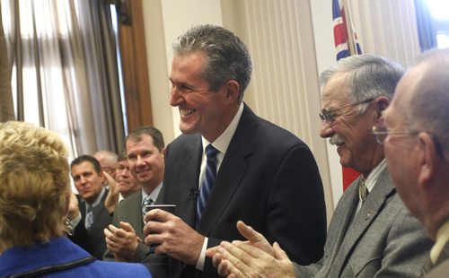 Conservative Leader Brian Pallister after he delivered his alternative throne speech to a crowd of Tory supporters at the Manitoba Legislative Bld. Friday morning. Larry Kusch / Bruce   Owen stories Wayne Glowacki / Winnipeg Free Press Nov. 14 2014