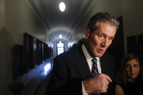 Conservative Leader Brian Pallister speaks to media after he delivered his alternative throne speech to a crowd of Tory supporters at the Manitoba Legislative Bld. Friday morning. Larry Kusch / Bruce   Owen stories Wayne Glowacki / Winnipeg Free Press Nov. 14 2014