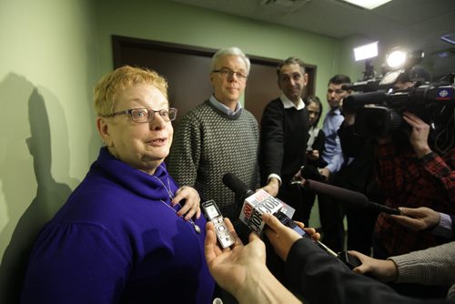 NDP president Ellen Olfert responds to questions from the media after an emergency meeting with the NDP executive at their office Saturday.    Nov 15,  2014 Ruth Bonneville / Winnipeg Free Press