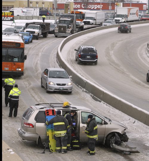 An occupant of a southbound van travelling on Pembina Hwy. near the Jubilee overpass was sent to the hospital Monday after the vehicle collided with the guardrail. Wayne Glowacki / Winnipeg Free Press Nov. 17 2014