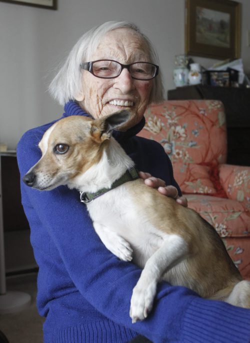 Pet column.  Kathleen Brown,96,  rescued an abused senior dog named Nigel. She got the dog from the Before the Bridge Senior K9 Rescue.   Doug Speirs  story. Wayne Glowacki / Winnipeg Free Press Nov. 17 2014