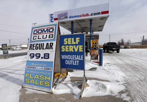 BIZ . Lowest Gas Prices since 2010 .The DOMO is selling gas atbar on Marion St and Turenne St at a club price of 99.8 cents / L . NOV. 19 2014 /KEN GIGLIOTTI / WINNIPEG FREE PRESS