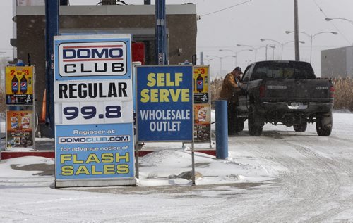 BIZ . Lowest Gas Prices since 2010 .The DOMO is selling gas atbar on Marion St and Turenne St at a club price of 99.8 cents / L . NOV. 19 2014 /KEN GIGLIOTTI / WINNIPEG FREE PRESS