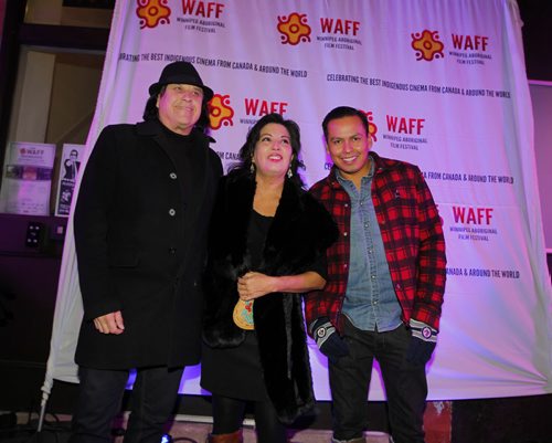 The Winnipeg Aboriginal Film Festival is showcasing films from around the world. The red carpet rolls out today at the Adam Film Institute and Bandwidth Theatre. Vince Fontaine of the band Indian City, WAFF artistic director Coleen Rajotte, and Breaking Bad star Jeremiah Bitsui pose for a photo on the red carpet. BORIS MINKEVICH / WINNIPEG FREE PRESS  NOV. 19, 2014