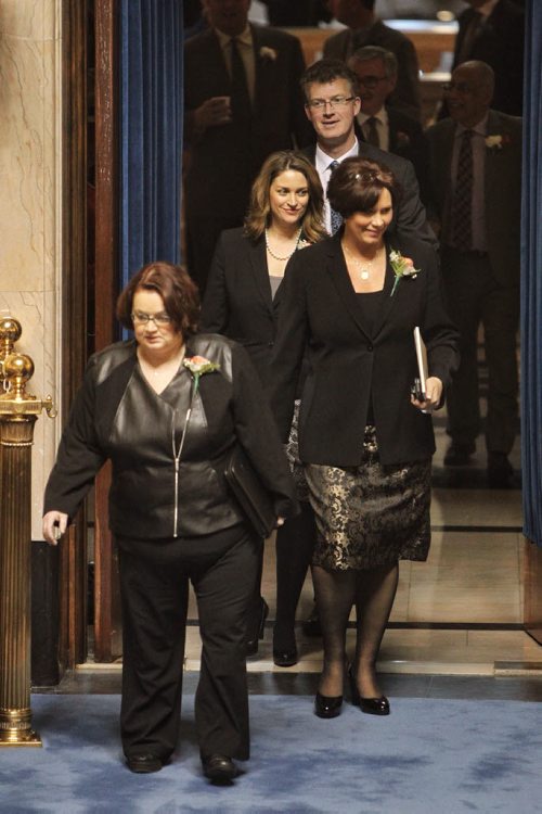 Members of the NDP rebel gang of five enter the Manitoba Legislative Assembly Chamber for the throne speech; Jennifer Howard (Fort Rouge), Theresa Oswald (Seine River), Erin Selby (Southdale) and Andrew Swan (Minto). 141120 November 20, 2014 Mike Deal / Winnipeg Free Press