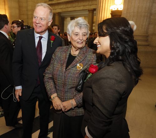 Liberal  Leaders   Rana Bokhari with former leaders Jon Gerrard and Sharon Carstairs  after  the Throne Speech , for the opening  fall session of the legislature . NOV. 20 2014 /KEN GIGLIOTTI / WINNIPEG FREE PRESS