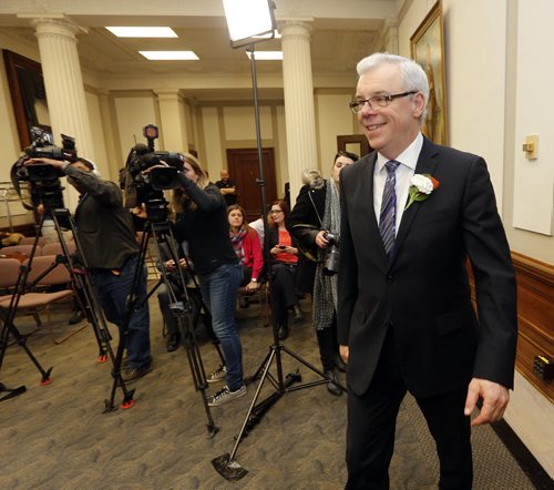 Greg Selinger talks to media after 40th Manitoba legislature Throne Speech for the opening  fall session of the legislature . NOV. 20 2014 /KEN GIGLIOTTI / WINNIPEG FREE PRESS