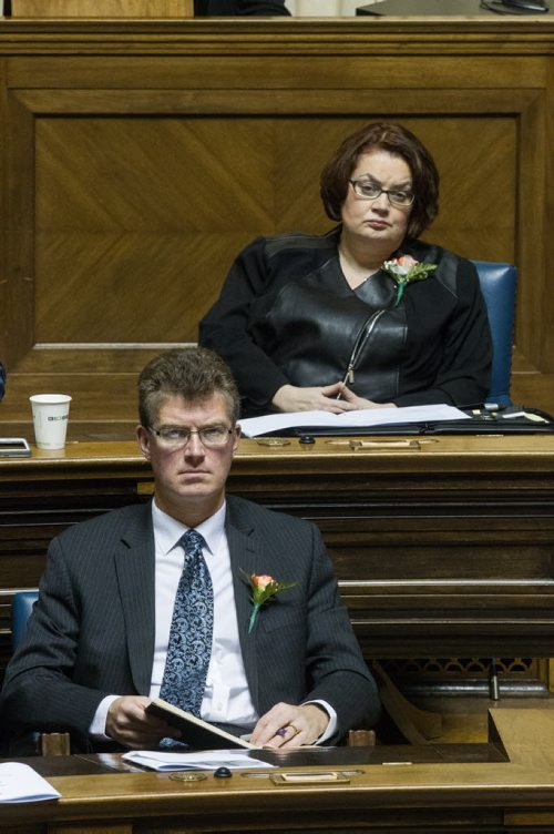Two of the members of the NDP rebel gang of five sit in there new seats in the Manitoba Legislative Assembly Chamber for the throne speech; Jennifer Howard (Fort Rouge), and Andrew Swan (Minto).  141120 - Thursday, November 20, 2014 -  (MIKE DEAL / WINNIPEG FREE PRESS)