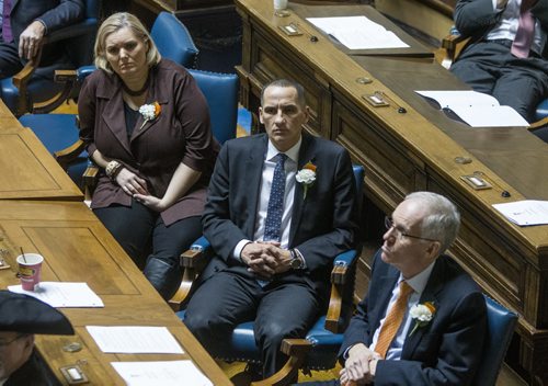 NDP Ministers Kerri Irvin-Ross (Fort Richmond), Kevin Chief (Point Douglas) and Steve Ashton (Thompson) inside the Manitoba Legislative Assembly Chambers during the speech from the throne Thursday afternoon. 141120 - Thursday, November 20, 2014 -  (MIKE DEAL / WINNIPEG FREE PRESS)