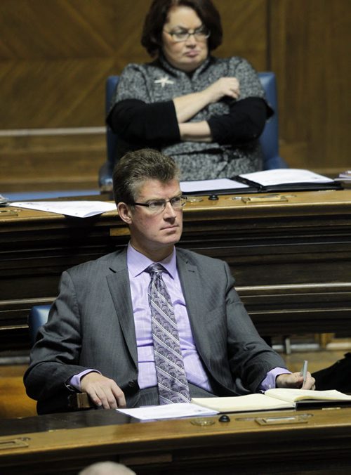 Question Period at the Manitoba Legislature. Andrew Swan looks very serious as he concentrates on every word Manitoba Premier Greg Selinger speaks in the house. BORIS MINKEVICH / WINNIPEG FREE PRESS November 21, 2014