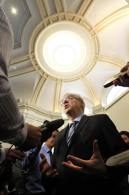 Premier Greg Selinger speaks to media after the announcement Monday in Wesley Hall, University of Winnipeg that the Manitoba gov't will eliminate provincial interest on all Manitoba student loans and will enhance loan accessibility for students.    Wayne Glowacki / Winnipeg Free Press Nov. 24  2014