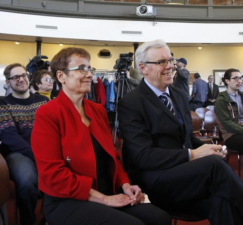 Premier Greg Selinger and Annette Trimbee, president and vice-chancellor, University of Winnipeg at the announcement Monday in Wesley Hall, University of Winnipeg that the Manitoba gov't  will eliminate provincial interest on all Manitoba student loans and will enhance loan accessibility for students.    Wayne Glowacki / Winnipeg Free Press Nov. 24  2014