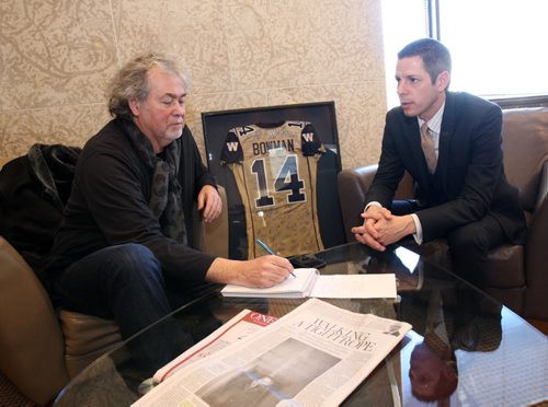 Winnipeg mayor Brian Bowman in his office speaks of his positive national media coverage of late with Winnipeg Free Press columnist Gordon Sinclair Jr - See Gordon Sinclair story Nov 24, 2014   (JOE BRYKSA / WINNIPEG FREE PRESS)