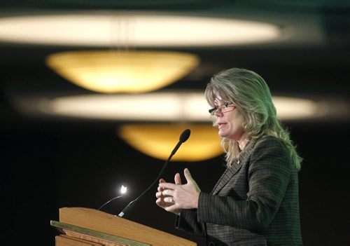 Shelly Glover, Minister of Canadian Heritage and Official Languages speaks at the AMM (Association of Manitoba Municipalities) 16th Annual Convention in the RBC Convention Centre Winnipeg Monday. Bruce Owen story.   Wayne Glowacki / Winnipeg Free Press Nov. 24  2014