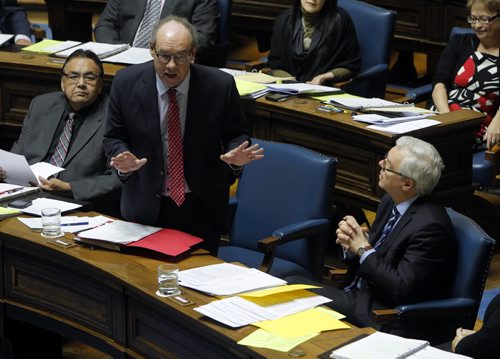 LOCAL - Question period at the Manitoba Legislature. MLA Greg Dewar rips back at the opposition. Minister of finance, Minister responsible for the civil service. Minister charged with the administration of the Crown Corporations Public Review and Accountability Act. Eric Robinson on left, Greg Selinger on right. BORIS MINKEVICH / WINNIPEG FREE PRESS November 24, 2014