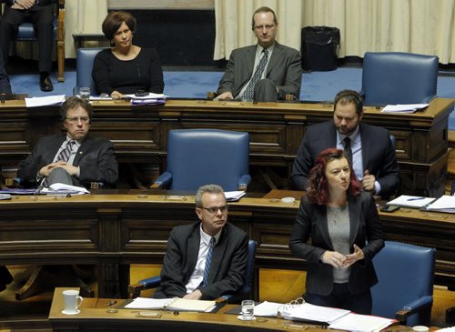 LOCAL - Question period at the Manitoba Legislature. (bottom right) Hon. Sharon Blady, Kirkfield Park, Minister of Health, NDP. Top left is the former minister of health Theresa Oswald, Seine River. BORIS MINKEVICH / WINNIPEG FREE PRESS November 24, 2014