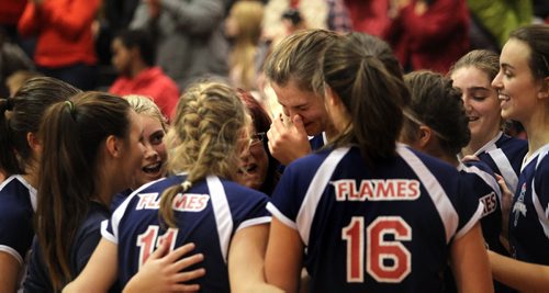 St Marys Acadamy Flame #4 Taylor Boughton weeps tears of releif and joy after the team won the championship game against MBCI Monday evening at U of W during the MHSAA "AAAA" Volleyball Championship. November 24, 2014 - (Phil Hossack / Winnipeg Free Press)