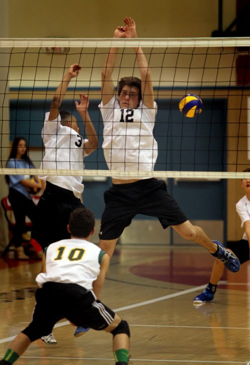 Garden City Fighting Gophers #3Terence Wilson and #12 Riley Francey let a spike slip through their block as Miles Mac's #10 Max Borys watches. Monday evening at U of W during the MHSAA "AAAA" Volleyball Championship games.  November 24, 2014 - (Phil Hossack / Winnipeg Free Press)