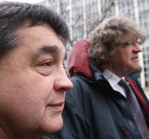 The Manitoba Court of Appeal will review Frank Ostrowskis 1987 murder conviction to determine whether he received a fair trial.- Frank, left, and his lawyer- James Lockyer, of the Association in Defence of the Wrongly Convicted, outside the Manitoba Law Courts this morning-See Bruce Own story Nov 25, 2014   (JOE BRYKSA / WINNIPEG FREE PRESS)