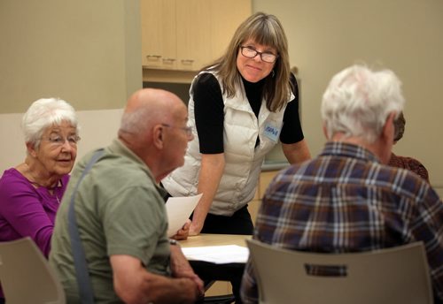 Instructor Maria Matthews keeps enjoys a group of Alziemers patients keep their memory sharp in a "Minds in Motion" workshop at the Seven Oaks Wellness Center Wednesday. See Carol Sanders story.  November 26, 2014 - (Phil Hossack / Winnipeg Free Press)