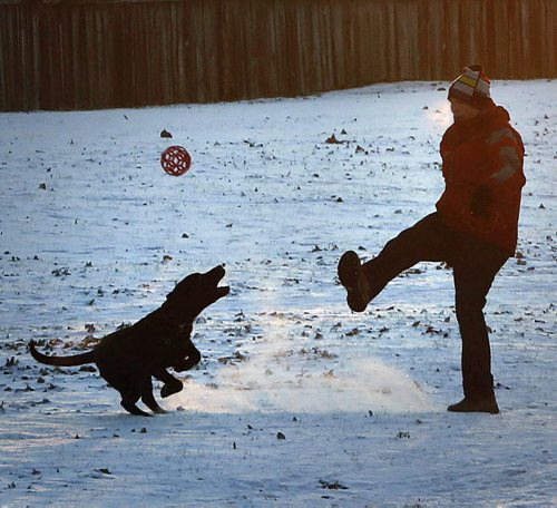 Stdup .Loving the Cold .Gary Edwards kicks a ball as his 6month old pup Jet retieves . Gary says the dogs just loves the cold . Temps today Hi of Äì 14 and morning temps of -25 with sun and cloud with snow for Friday .    NOV. 27 2014 / KEN GIGLIOTTI / WINNIPEG FREE PRESS