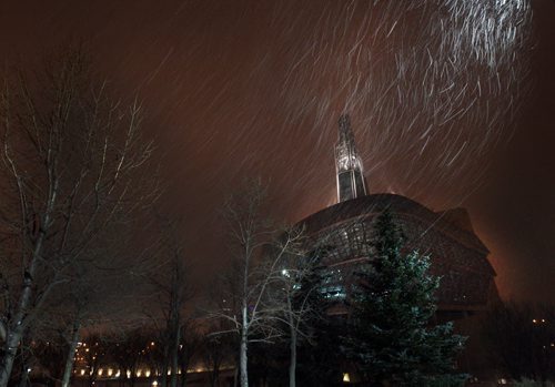 Blustery Evening  The Canadian Museum of Human rights is lit up during a snowy Friday night evening in Winnipeg Nov 28, 2014   (JOE BRYKSA / WINNIPEG FREE PRESS)