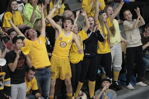 December 1, 2014 - 141201  -  Steinbach Sabres fans cheer as their team plays the Lord Selkirk Royals in the Manitoba High Schools Athletic Associations AAAA Boys volleyball final at University of Manitoba Monday, December 1, 2014.  John Woods / Winnipeg Free Press