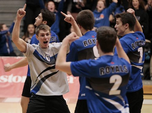 December 1, 2014 - 141201  -  Lord Selkirk Royals Jacob Stevenson (6) celebrates a point against the Steinbach Sabres in the Manitoba High Schools Athletic Associations AAAA Boys volleyball final at University of Manitoba Monday, December 1, 2014.  John Woods / Winnipeg Free Press