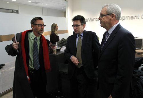 From right,  Premier Greg Selinger, Councillor Brian Mayes and Paul McKie, a new member of the Premier's staff  after an  announcement in the CentreVenture Development Corporation office regarding renting in downtown Winnipeg. Bart Kives story.  Wayne Glowacki / Winnipeg Free Press Dec.2  2014