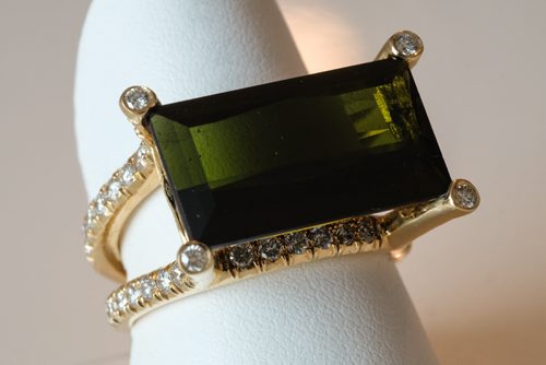 Mokada custom jewelry design studio at 1-530 Waterfront Drive. Yellowgold 8.36ct Green Tourmaline, 1.04ct diamond band. 141202 - Tuesday, December 02, 2014 -  (MIKE DEAL / WINNIPEG FREE PRESS)