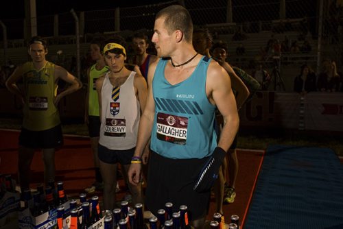 Winnipegger Corey Gallagher readies himself for the Men's Elite Beer Mile in Austin, TX December 3, 2014.  Gallagher's time for running one mile and drinking four beers was 5.00.23 minutes, he won the competition. Drew Anthony Smith for the Winnipeg Free Press.  Austin, TX Beer Mile Championship