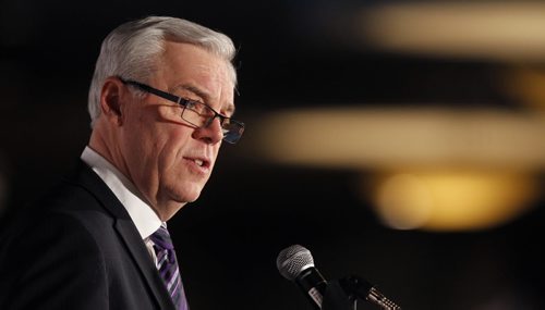 Premier Greg Selinger delivers his speech at the State of the Province Winnipeg Chamber of Commerce luncheon at the RBC Convention Centre Thursday.Wayne Glowacki / Winnipeg Free Press Dec.4  2014
