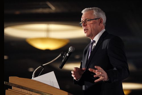 Premier Greg Selinger delivers his speech at the State of the Province Winnipeg Chamber of Commerce luncheon at the RBC Convention Centre Thursday.Wayne Glowacki / Winnipeg Free Press Dec.4  2014
