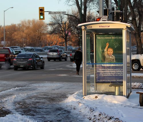 An Ad about Ontario's public school funding is seen at the bus shelter on Academy at Wellington because of the CMHR being located in Winnipeg. See Kevin Rollason's story.  Dec 04,  2014 Ruth Bonneville / Winnipeg Free Press