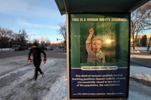 An Ad about Ontario's public school funding is seen at the bus shelter on Academy at Wellington because of the CMHR being located in Winnipeg. See Kevin Rollason's story.  Dec 04,  2014 Ruth Bonneville / Winnipeg Free Press