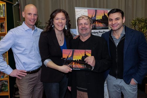 Associate Editor Scott Gibbons (left), Photographer and Multimedia Editor Melissa Tait, Author Randy Turner and Frank Albo during the launch of the Winnipeg Free Press book City Beautiful at McNally Robinson Thursday evening. 141204 - Thursday, December 04, 2014 -  (MIKE DEAL / WINNIPEG FREE PRESS)