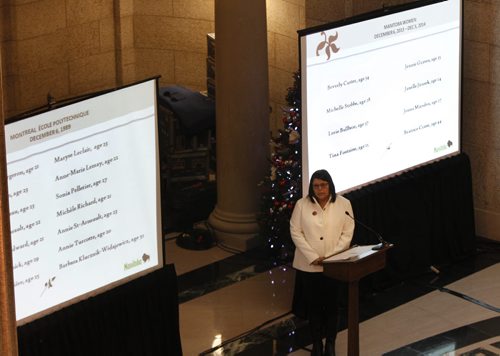 Jackie Anderson, Manitoba Women's Advisory Council speaks at the annual Sunrise Memorial organized by the Manitoba Womens Advisory Council Manitoba Status of Women held in the Rotunda, Manitoba Legislative Building Friday morning to commemorate Canadas National Day of Remembrance and Action on Violence Against Women. The memorial is an opportunity for Manitobans to remember all women and girls who have died as a result of violence and to be aware that there are many women and girls who face violence in their lives and to work toward eliminating that violence,.  Wayne Glowacki / Winnipeg Free Press Dec.5 2014