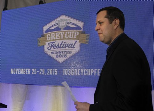 The 103rd Grey Cup brand was unveiled in Winnipeg Square Friday by Jason Smith, pres. of the 103rd Grey Cup Festival. In addition, the 103rd Grey Cup headquarters and store in Winnipeg Square was also officially opened.  Wayne Glowacki / Winnipeg Free Press Dec.5 2014